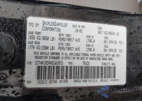 2004 Dodge Ram 1500 Slt/Laramie из США, поврежденный, VIN 1D7HA18D04S581853